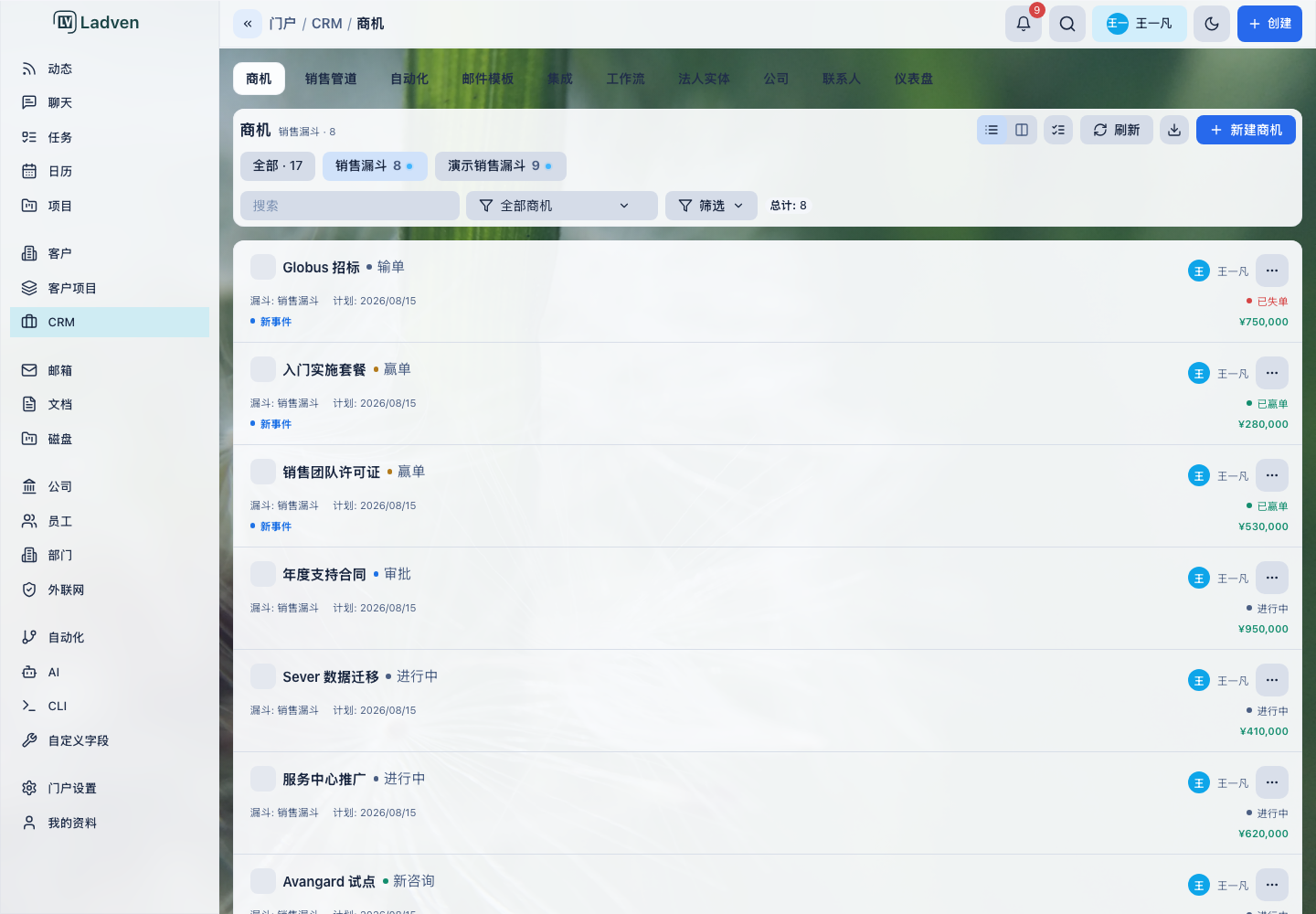 CRM 销售机会列表:「销售漏斗」管道的销售机会,含阶段、客户和金额