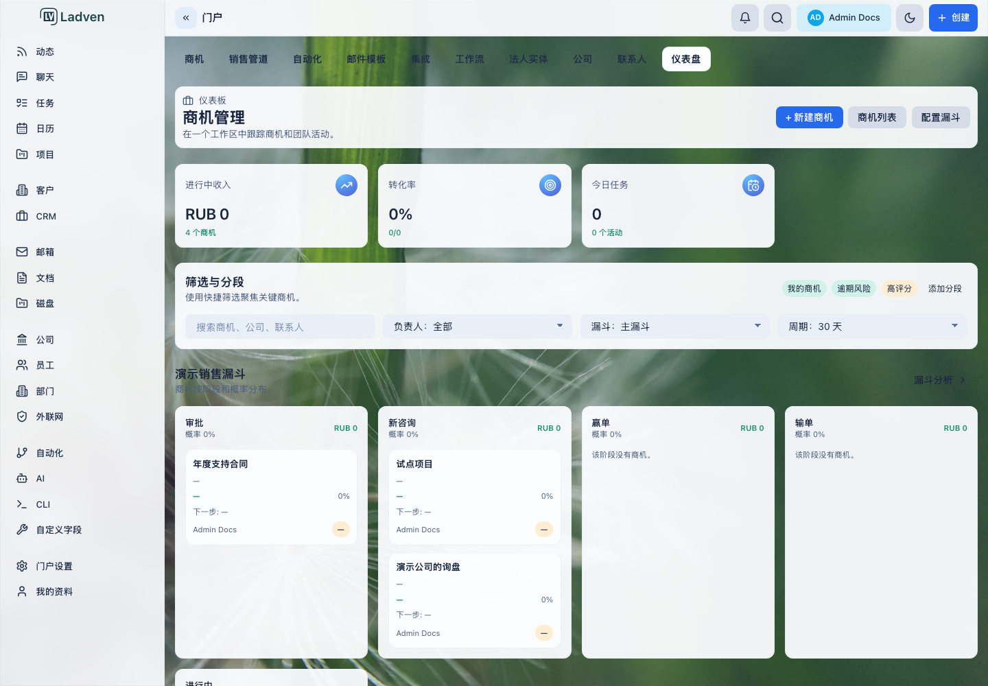 CRM 仪表板:商机管理、关键指标以及“Demo sales”管道的各阶段